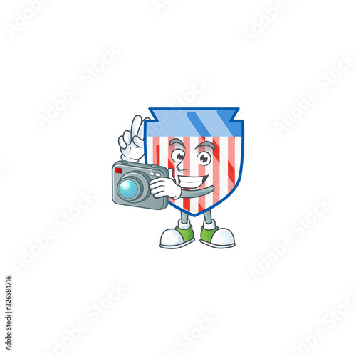 A USA stripes shield Photographer cartoon character in action with a camera