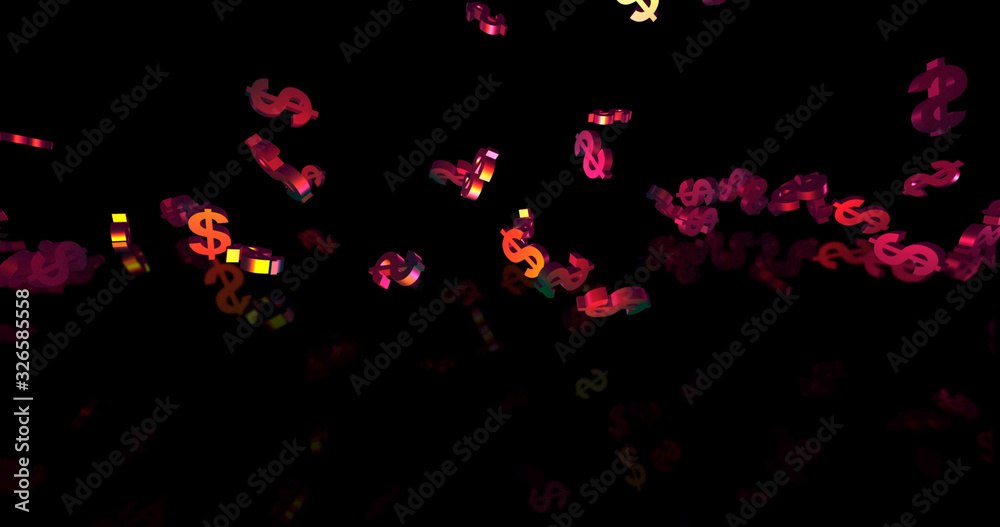 Golden 3d dollar symbols falling in neon lights falling. Finance event background. 3D render 3D illustration Golden 3d dollar symbols falling in neon lights falling. Finance event background. 3D render 3D illustration