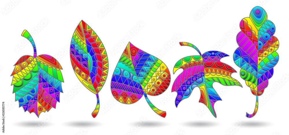 Set of illustrations in stained glass style with rainbow patterned leaves, isolated on a white background