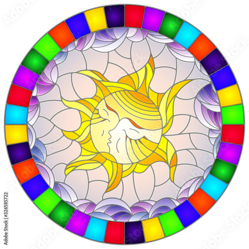 Illustration in the style of a stained glass window with abstract sun in bright frame,round image