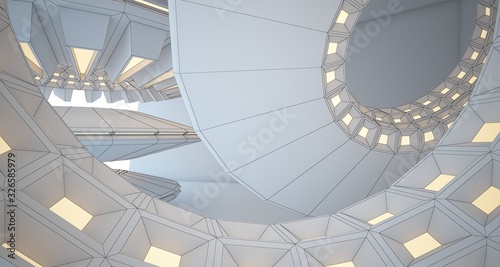 Abstract drawing architectural background. White interior with discs and neon lighting. 3D illustration and rendering.