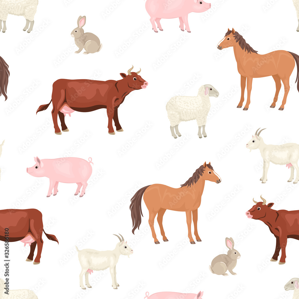 Farm animals seamless pattern. Vector illustration of  horse, cow, goat, sheep, pig and rabbit  isolated on white background. Cartoon simple flat style.