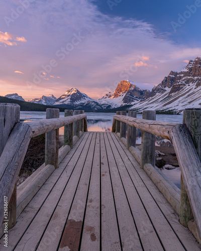 Wooden bridge at Bow Lake in Banff National Park, Alberta, Canada