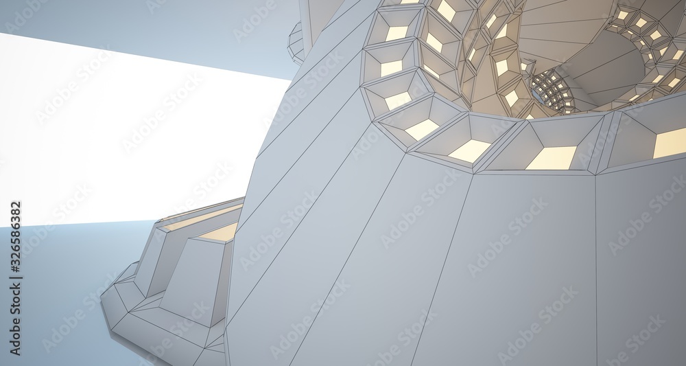 Obraz premium Abstract drawing architectural background. White interior with discs and neon lighting. 3D illustration and rendering.