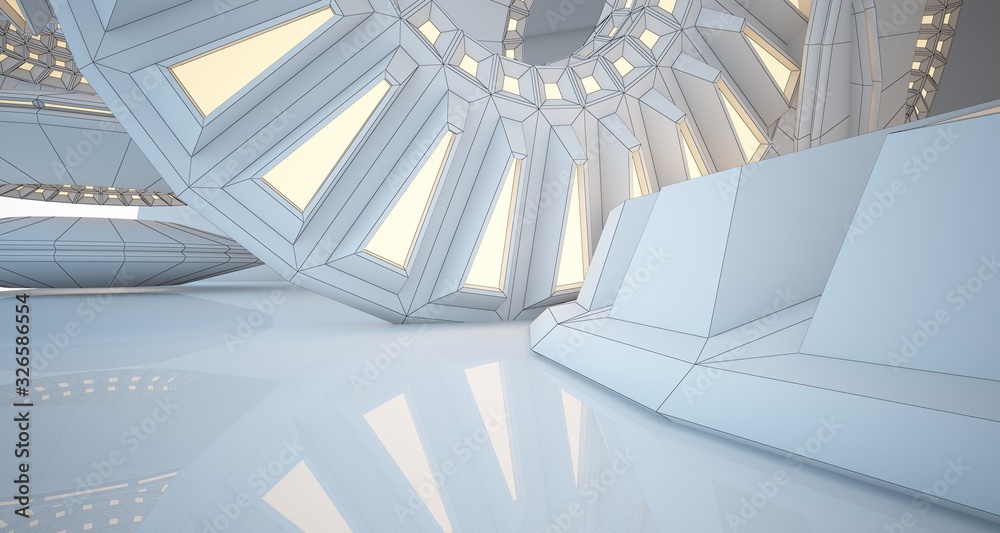 Fototapeta premium Abstract drawing architectural background. White interior with discs and neon lighting. 3D illustration and rendering.