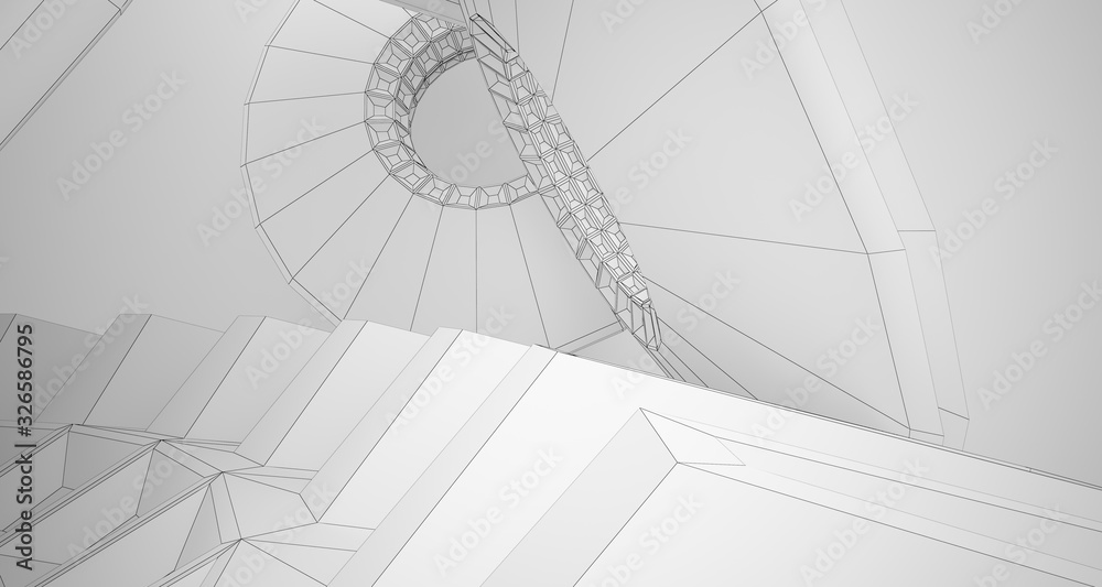 Abstract drawing architectural background. White interior with discs. 3D illustration and rendering. Abstract drawing architectural background. White interior with discs. 3D illustration and rendering.