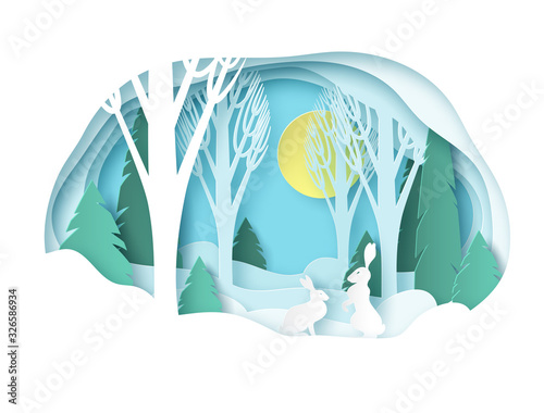 Winter paper landscape. Snowy forest with trees without leaves and fir trees. Snowdrifts, snow, sunny day. Glade with two rabbits. Vector