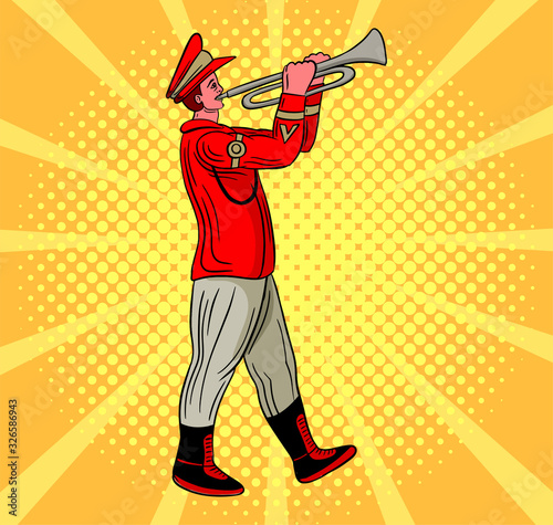brass band character in red dress playing trumpet vector