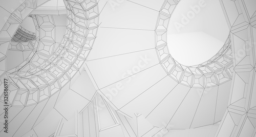 Abstract drawing architectural background. White interior with discs. 3D illustration and rendering.