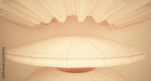 Abstract drawing architectural background. White interior with discs and sunlight. 3D illustration and rendering.