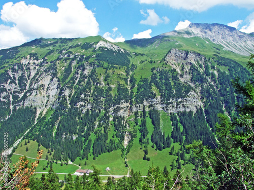 Alpine mountain peak Augstenberg over the Saminatal alpine valley and in the Liechtenstein Alps mountain massiv - Steg, Liechtenstein photo