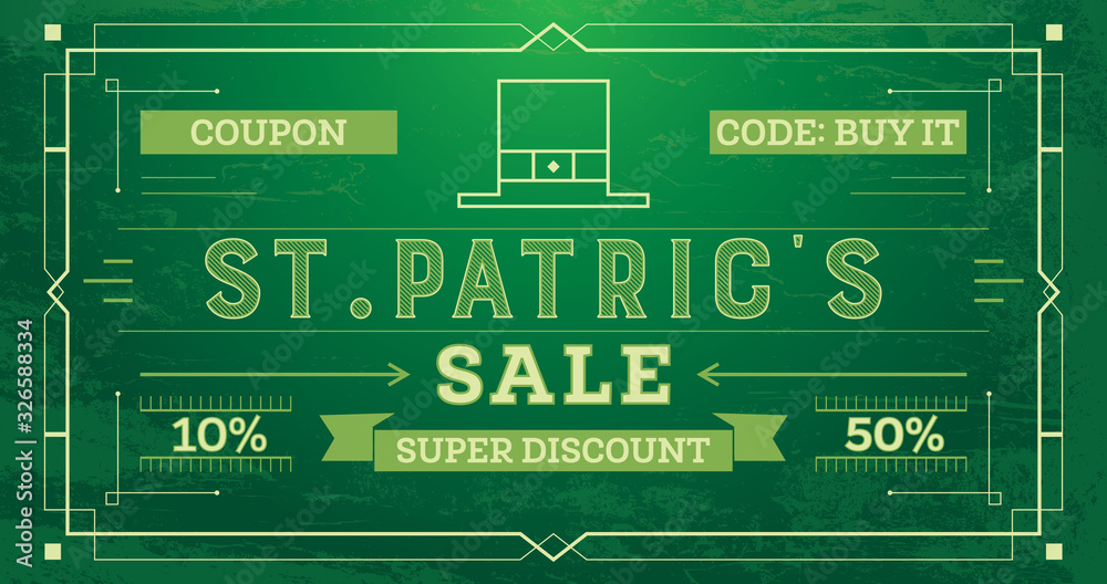 Saint Patrick's Day Sale Vintage Retro Background. Coupon Template with Rays, Lines and Frame.
