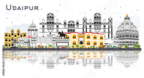 Udaipur India City Skyline with Color Buildings and Reflections Isolated on White.