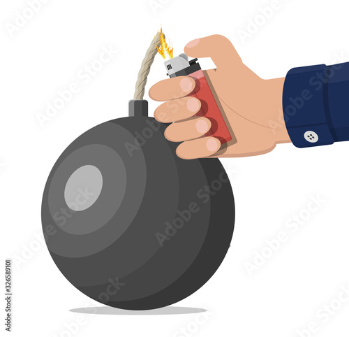 Black ball bomb about to explode and hand with lighter. Metal circle bomb with burning wick about to blast. Vector illustration in flat style