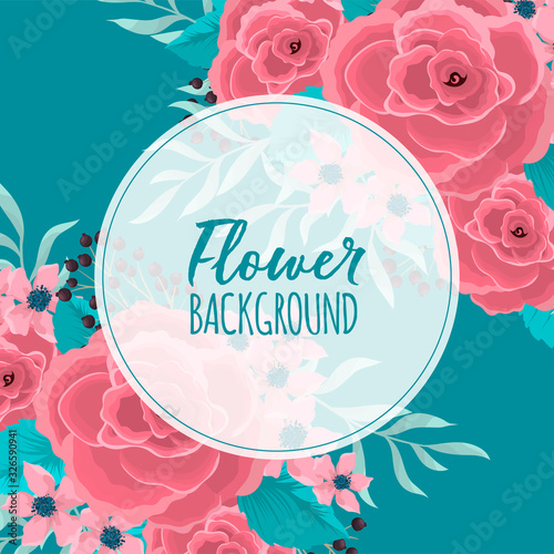 Mint green floral background pink flower border