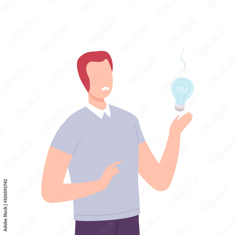 Businessman Character Having No Idea, Unsuccessful Person with Off Light Bulb Flat Vector Illustration Businessman Character Having No Idea, Unsuccessful Person with Off Light Bulb Flat Vector Illustration