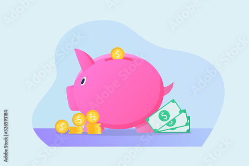 saving piggy bank isolated concept with money and modern flat style