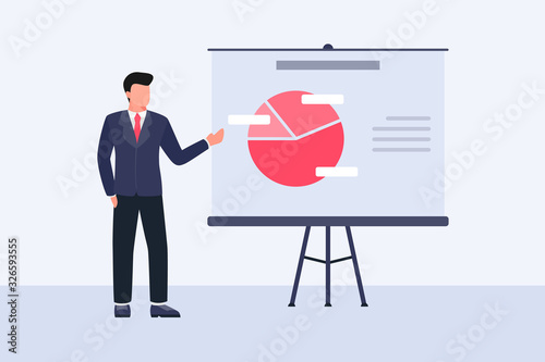 business presentation concept with man give presentation with data graph analysis on white board