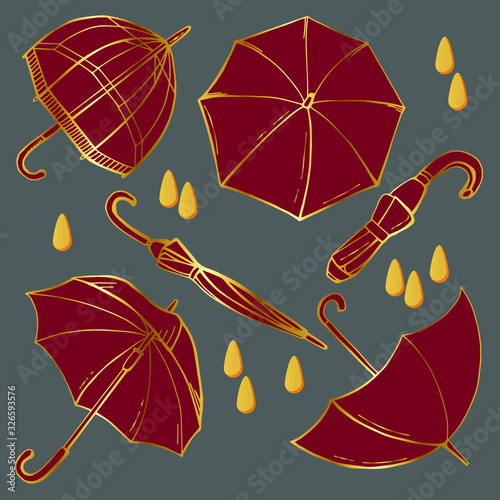 Set of burgundy umbrellas. Golden drops. Black background. Stock illustration.