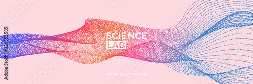 Panoramic science or technology background with dynamic particles. Trendy colourful design template. Applicable for banners, flyers, covers, presentations, identity, landing pages, websites.