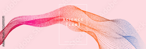 Panoramic science or technology background with dynamic particles. Trendy colourful design template. Applicable for banners, flyers, covers, presentations, identity, landing pages, websites.