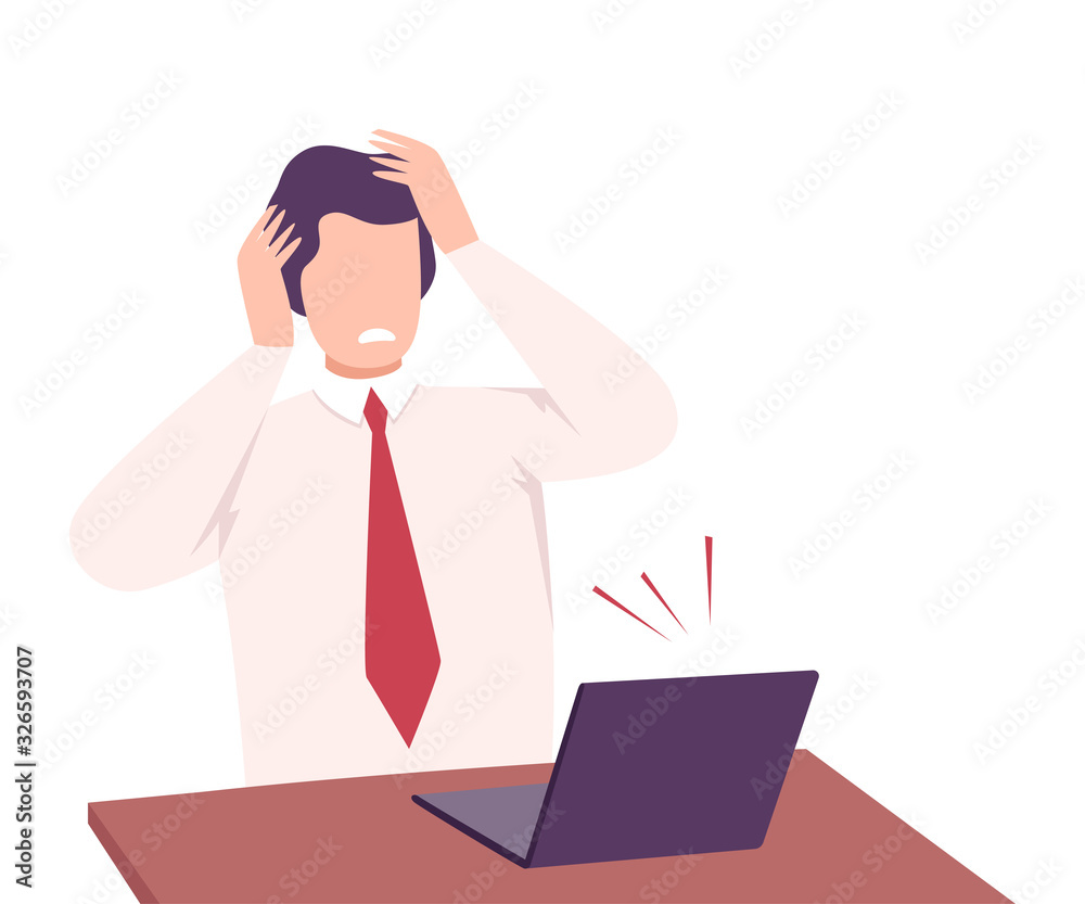 Scared Businesswoman Sitting at the Desk Looking into Laptop Computer Flat Vector Illustration Scared Businesswoman Sitting at the Desk Looking into Laptop Computer Flat Vector Illustration