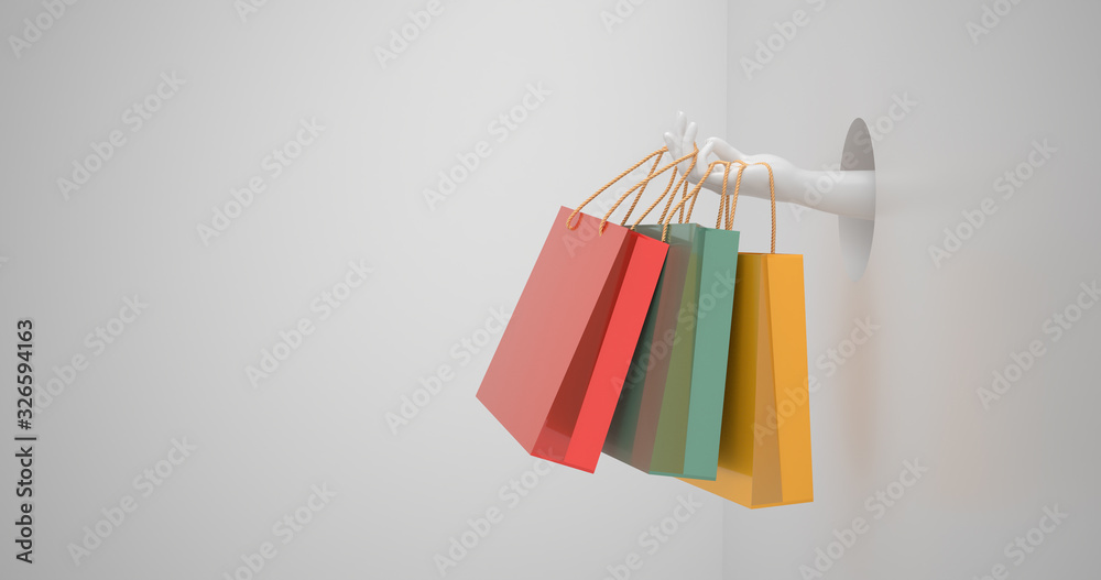 A hand holding a shopping bag close up. 3d Rendering.