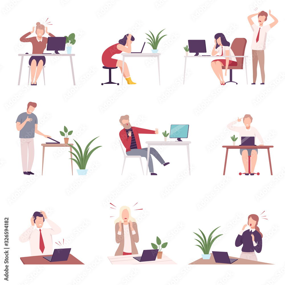 People Looking Scared into Computer Screen Set, Young Men and Women Sitting at the Desk Working PC Flat Vector Illustration