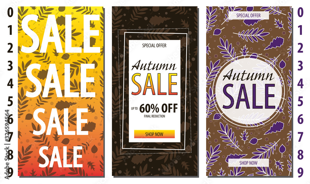 Set of Autumn sale flyer template with lettering, leaves. Fall promotion. Poster, banner, card, label, and other design. Vector illustration.