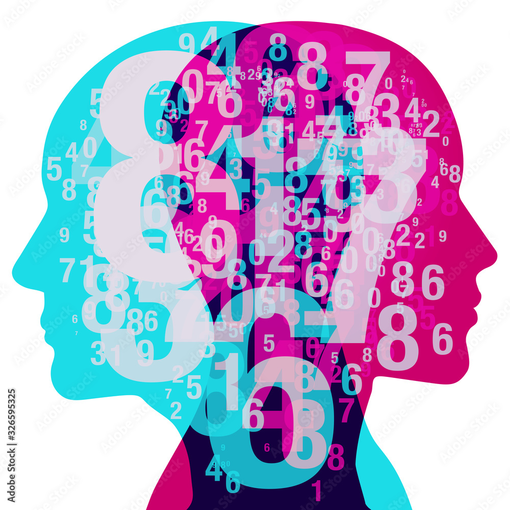 A male and female side silhouette positioned face to face, overlaid with various semi-transparent sized numbers. Ranging from 0 to 9. A male and female side silhouette positioned face to face, overlaid with various semi-transparent sized numbers. Ranging from 0 to 9.