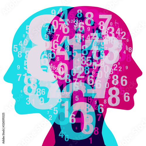 A male and female side silhouette positioned face to face, overlaid with various semi-transparent sized numbers. Ranging from 0 to 9.