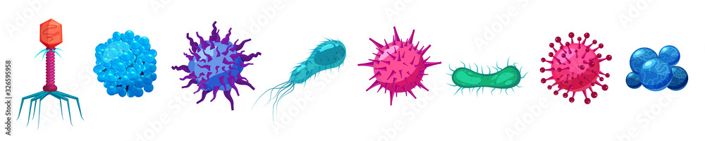 Plakat Set Viruses bacterias germs microorganisms disease-causing objects pandemic microbes, fungi infection