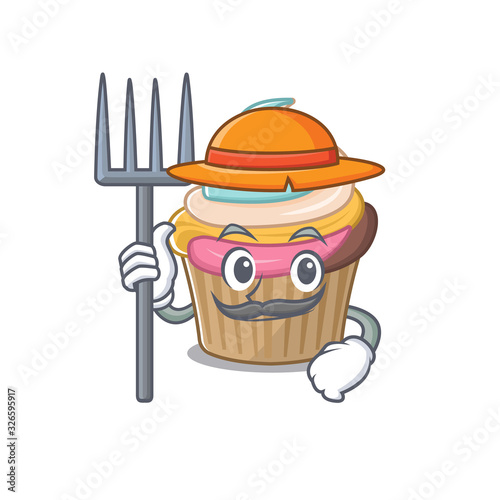 Happy Farmer rainbow cupcake cartoon picture with hat and tools