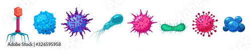Plakat Set Viruses bacterias germs microorganisms disease-causing objects pandemic microbes, fungi infection
