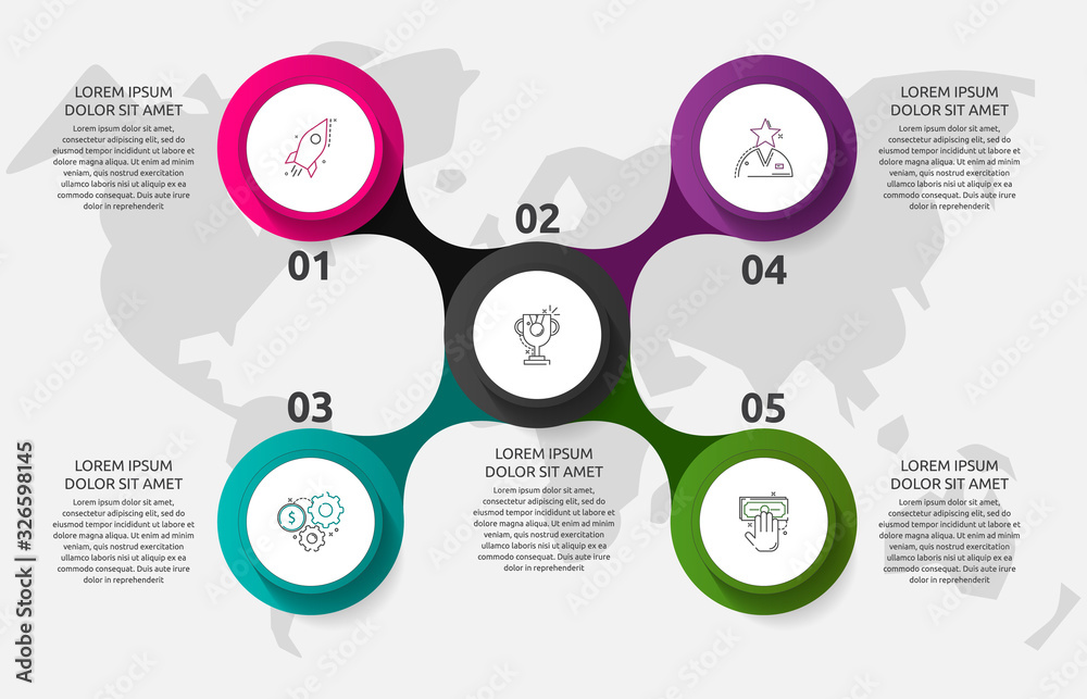 Vector template circle infographics. Business concept with 5 options and parts. Five steps for graph, diagrams, slideshow Vector template circle infographics. Business concept with 5 options and parts. Five steps for graph, diagrams, slideshow