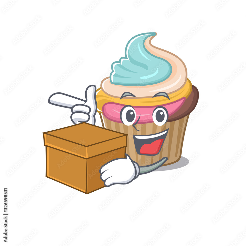 Cute rainbow cupcake cartoon character having a box Cute rainbow cupcake cartoon character having a box