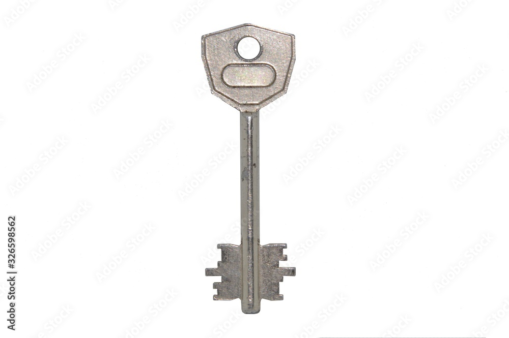 Iron key with straight and round surfaces isolated on white background Iron key with straight and round surfaces isolated on white background