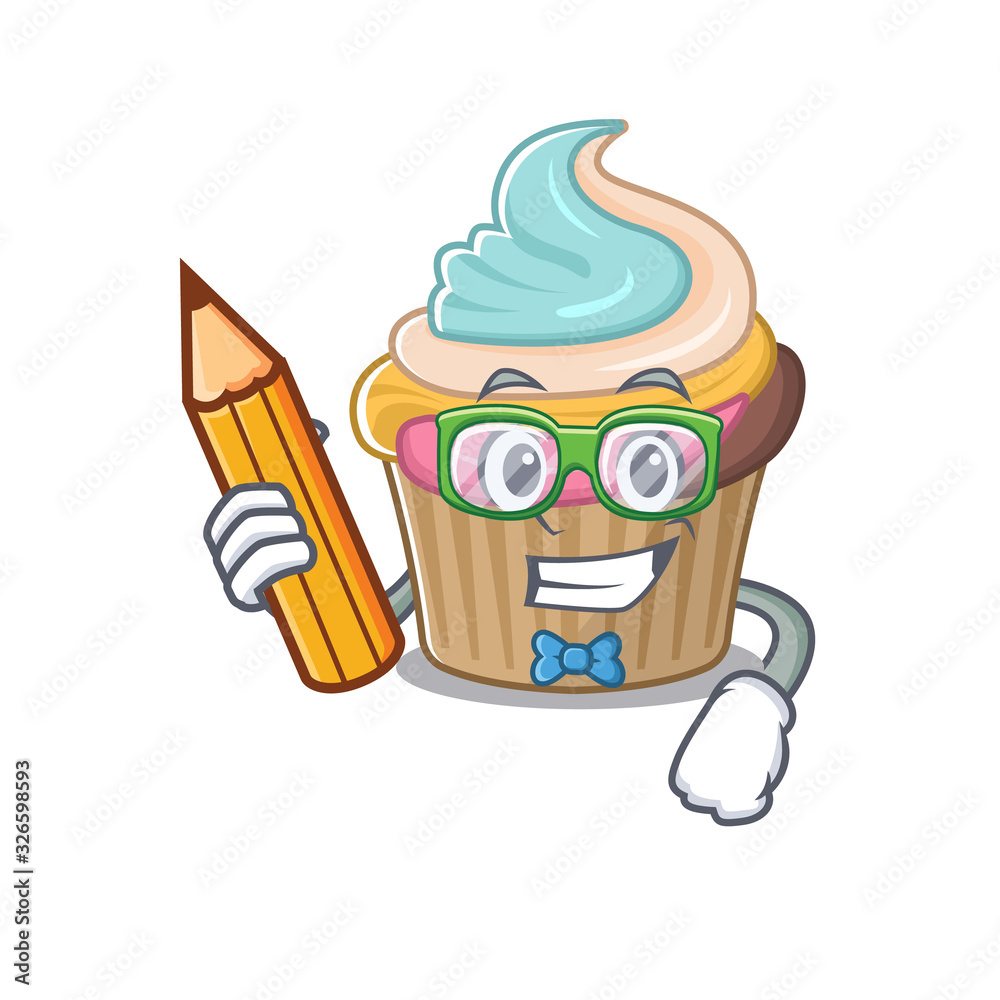 A smart Student rainbow cupcake character holding pencil