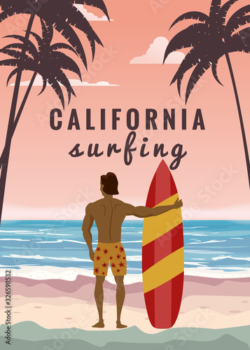 Surfer standing with surfboard on the tropical beach back view. California surfing palms ocean theme