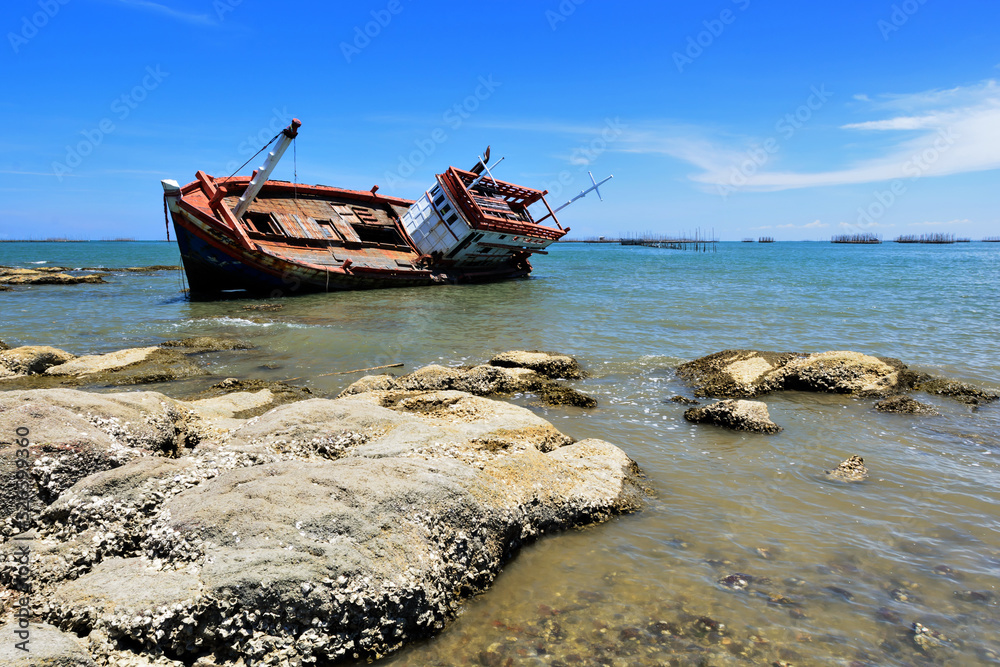 Fishing  boat at  sea coast in chonburi Thailand