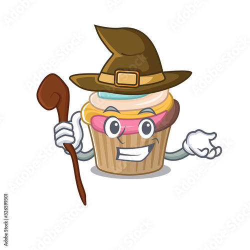 a mascot concept of rainbow cupcake performed as a witch