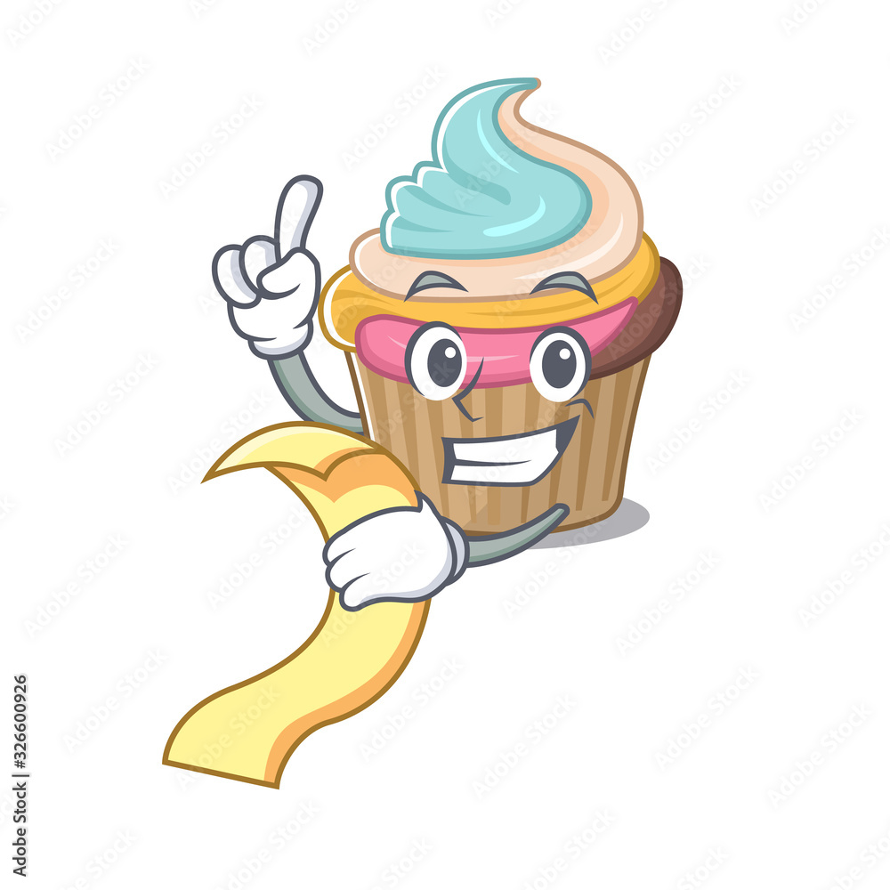 A funny cartoon character of rainbow cupcake holding a menu