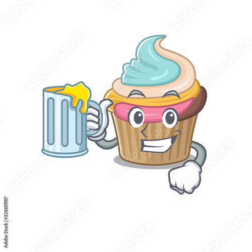 Smiley rainbow cupcake mascot design with a big glass