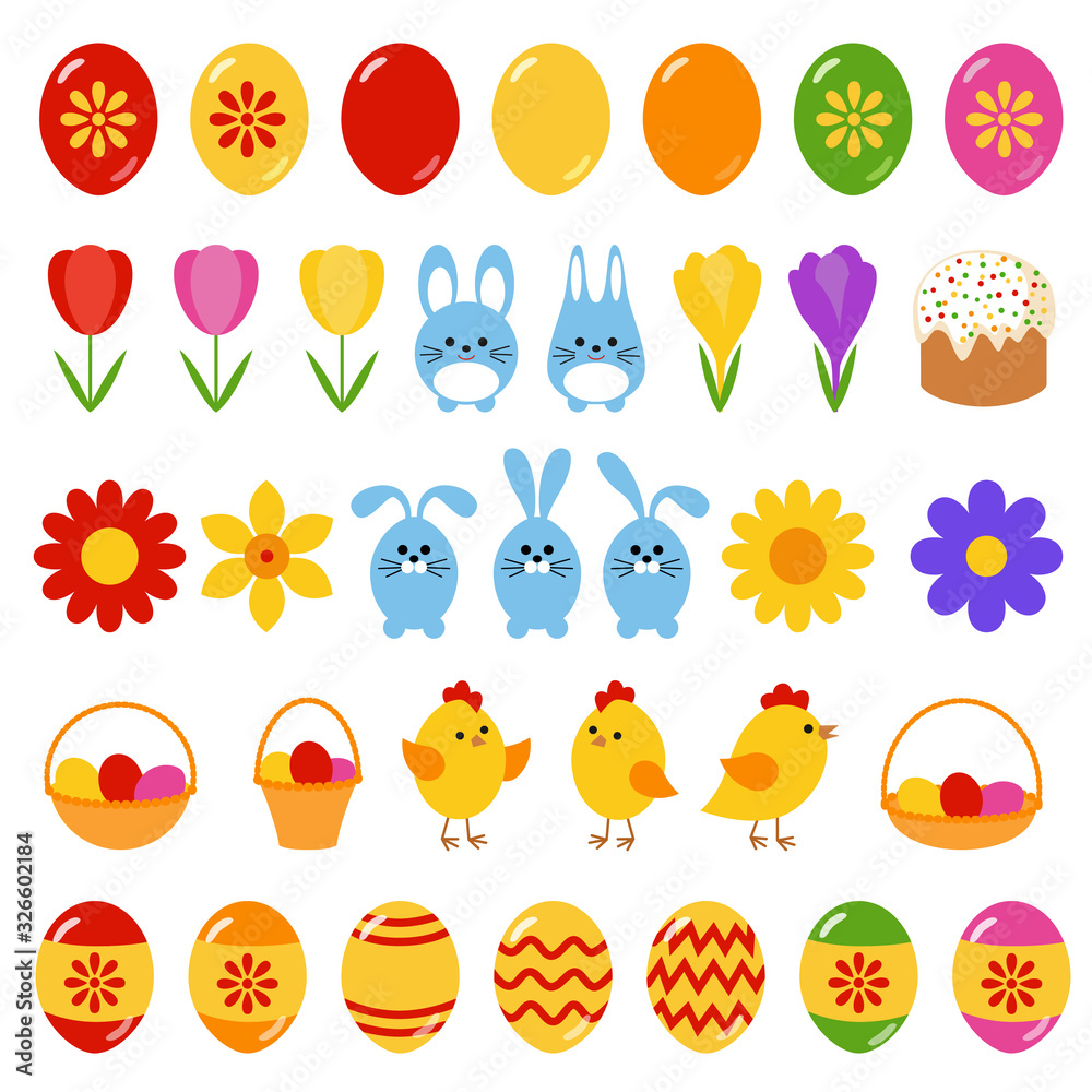 Set of cartoon symbols of Easter in flat style isolated on a white background. Vector illustration Set of cartoon symbols of Easter in flat style isolated on a white background. Vector illustration