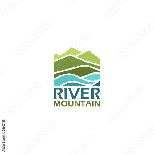 Mountain landscape, peak river creek logo vector template