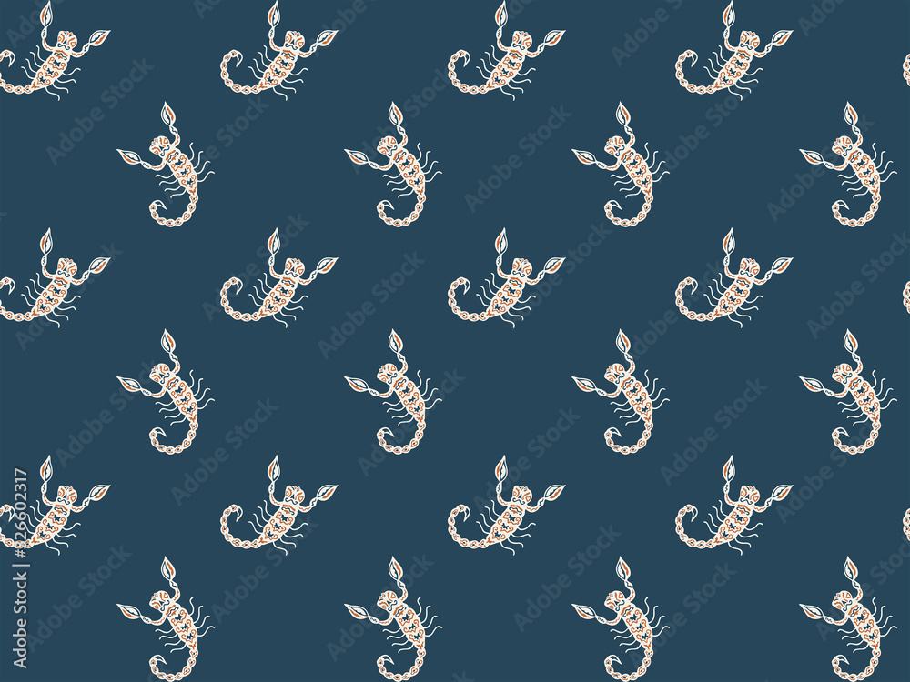 Seamless pattern of hand-drawn light ornamental scorpions on a dark background. Mystical arthropods in ethnic Aztec style. Native american, asian and oriental backdrop. Esoteric texture. Vector. Seamless pattern of hand-drawn light ornamental scorpions on a dark background. Mystical arthropods in ethnic Aztec style. Native american, asian and oriental backdrop. Esoteric texture. Vector.