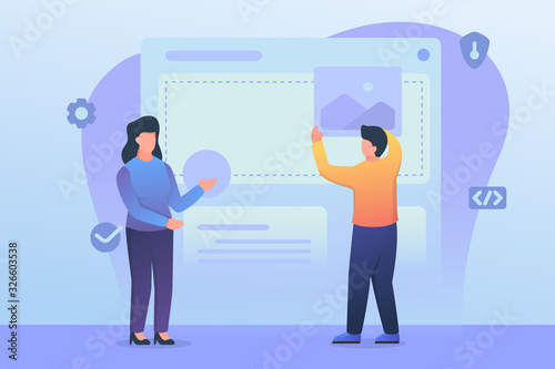 ui or ox development with man and woman setting website layout development with modern flat style