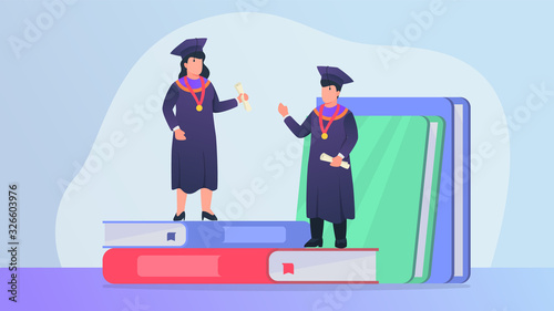 graduation for successful college student with books as education source with modern flat style