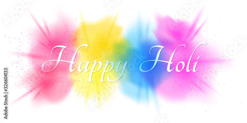 Happy Holi. Holiday of colors. Explosion of colors. Multicolor spray. Festive banner with text. Colorful fog dust. Vector illustration