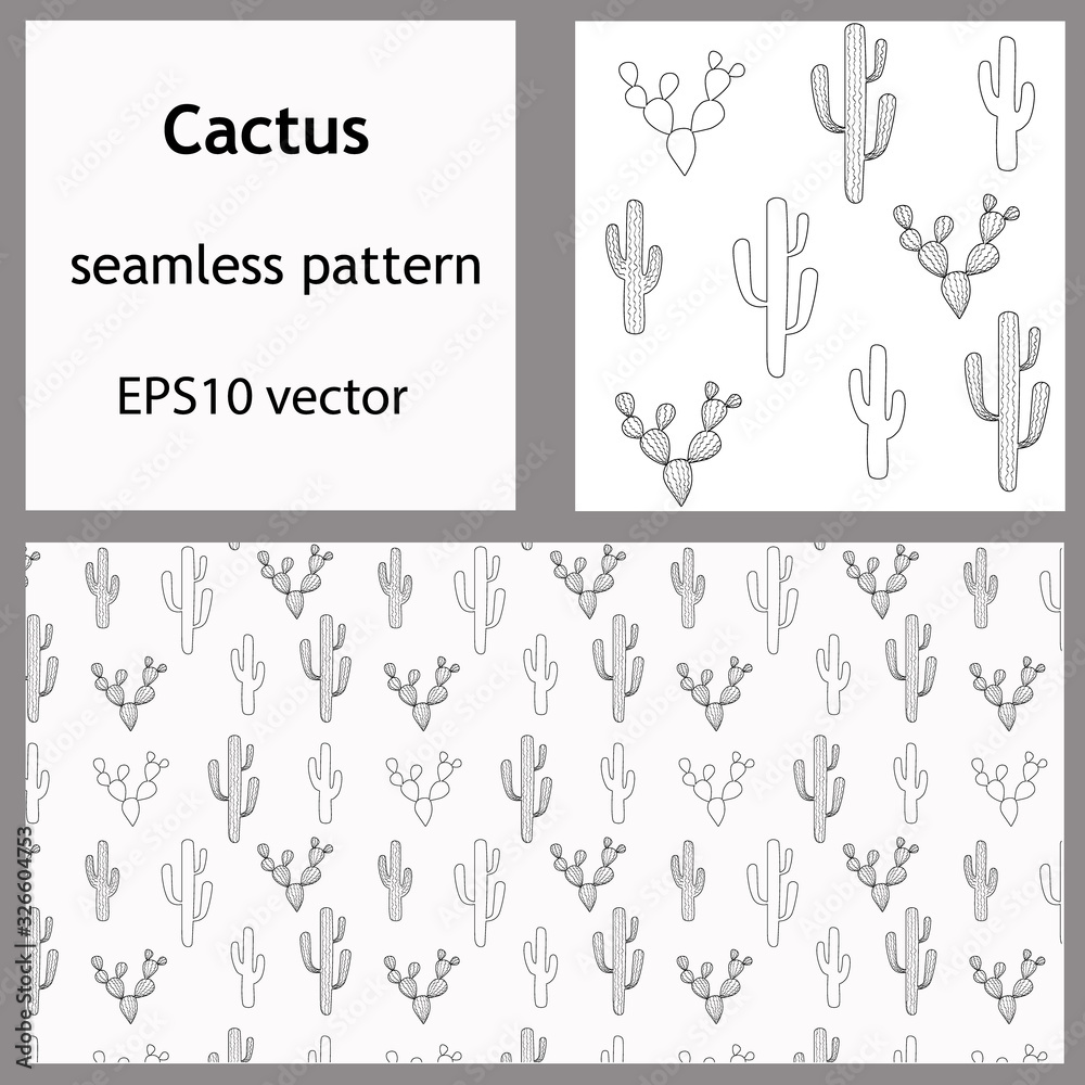 Cacti seamless pattern and rectangular backdrop. Outline doodle hand-drawn cactus succulents for banners, scrapbooking paper, packaging. Stock vector illustration isolated on transparent background. Cacti seamless pattern and rectangular backdrop. Outline doodle hand-drawn cactus succulents for banners, scrapbooking paper, packaging. Stock vector illustration isolated on transparent background.